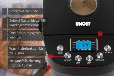 Хлібопічка Unold 68525 BACKMEISTER Big Black, чорна, до 1.5 кг, 15 програм, для безглютенового хліба, таймер, підтримка тепла, LCD дисплей
