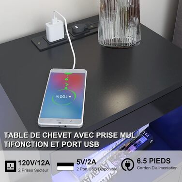 Прикроватна тумба Lvhecforhm з LED-підсвіткою, USB та розетками, чорна, з висувною шухлядою і відкритими полицями, 40x35x60 см