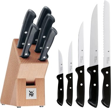 Набір ножів WMF Classic Line з бруском та кухонними ножами (6 шт.) та кухонними ножицями 21 см, ножиці для кухні з зубчастим лезом, ножиці для дому, нержавіюча сталь, пластикова ручка, універсальні ножиці з відкривачкою