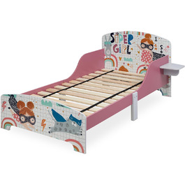 Дитяче ліжко Relaxdays 60x94x143 см, з бортиком і полицею, супергеройський дизайн, кольорове, з МДФ