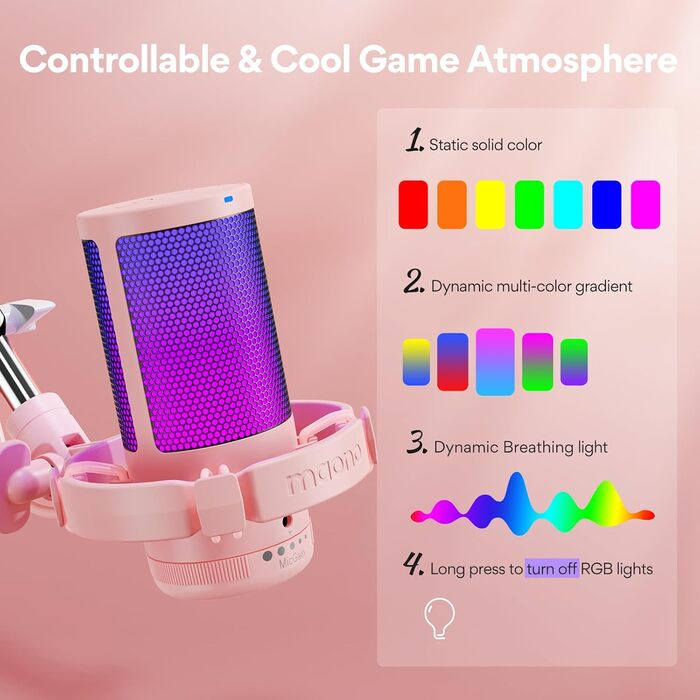 Ігровий мікрофон MAONO GamerWave DGM20S рожевий з шумопоглинанням, RGB-підсвічуванням, для ПК, стрімінгу, подкастів, YouTube, Twitch, Discord, PS5/4