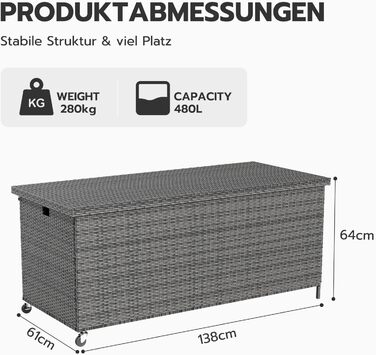 Скриня для подушок садових Polyrattan Amopatio 480л, водонепроникна, з роликами та газліфтом, сіра