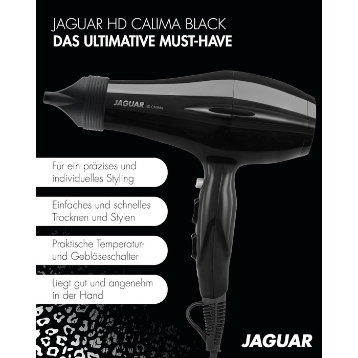 Професійний фен JAGUAR HD CALIMA Black, потужний, з кнопкою холодного повітря, регулюванням нагріву та швидкості, чорний
