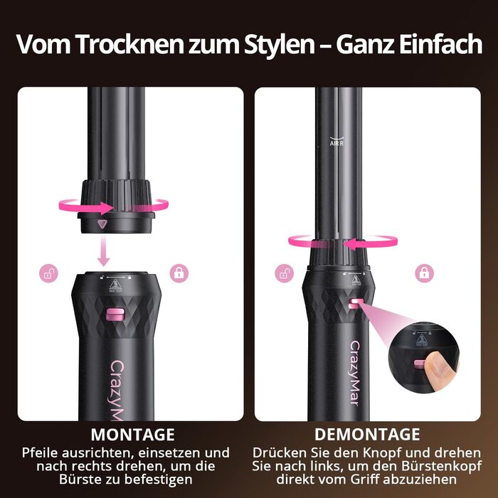 CrazyMar Airstyler 7-в-1: Фен-щітка з іонізацією, автоматичний стайлер для волосся, випрямляч та плойка (чорний)