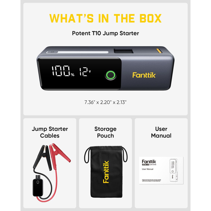Бустер-старт-пауербанк Fanttik Potent T10 1800A 12000mAh, пусковий пристрій для авто 12V (бензин до 7.0L, дизель до 5.0L) з вбудованим кабелем