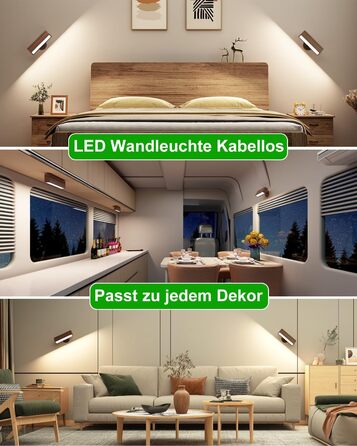 LED настінний світильник DetarZin без дротового підключення, 2 шт., акумуляторна лампа для кімнати, бездротовий, димірується сенсорно, поворотна на 360°, батарейна лампа з чорного горіха для спальні та вітальні