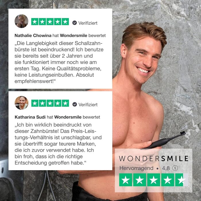 Електрична зубна щітка Wondersmile PRO - переможець тесту 2025 - 100 днів без ризику - сертифікована TÜV - 4 режими, акумулятор 60 днів, розумна насадка (Ultimate Black)