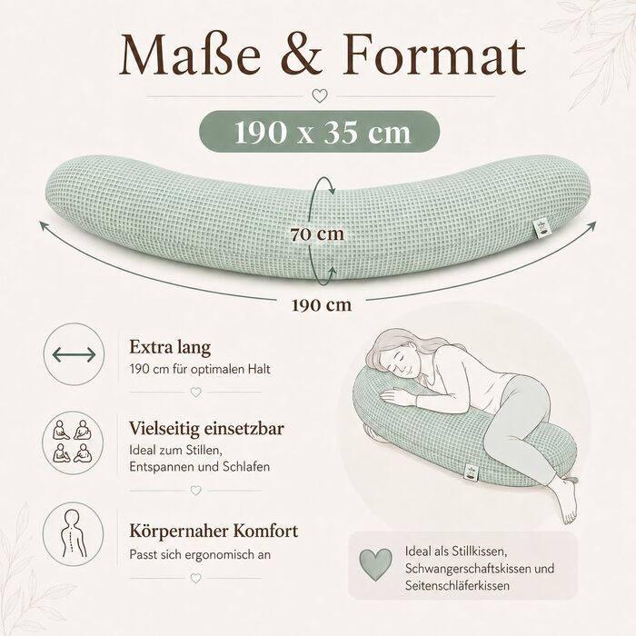 Подушка для вагітних та годування Sei Design XXL 190x30 см, м'ята - ергономічна, з регульованою наповнюваністю, з чохлом з бавовни Oeko-TEX
