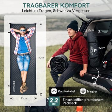 Самонадувний кемпінговий килимок HIKENTURE, товщина 5 см, комфортний туристичний матрац із пінополіуретану, темно-сірий
