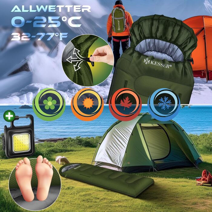 Спальний мішок KESSER Outdoor для дорослих та дітей, всесезонний (3-4 сезони), водовідштовхуючий та теплий, Khaki, 220 x 83 см, з ліхтариком та бічною кишенею