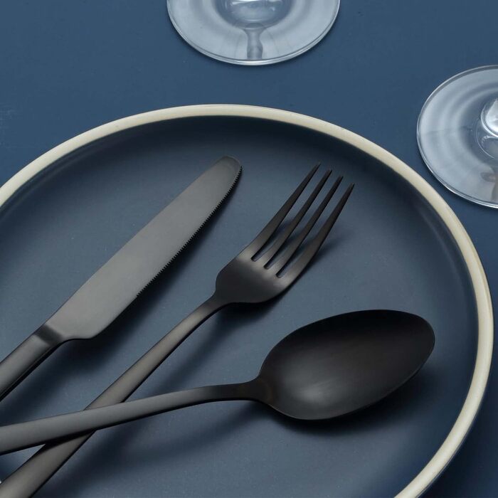 Набір столових приборів Hunnycook 60 предметів, нержавіюча сталь, для 12 осіб – виделки, ложки, ножі. Полірований, для дому, ресторану, вулиці. Безпечно мити в посудомийній машині (Чорний)