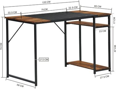 Письмовий стіл з полицями FurnitureR 120x60x74 см, дерев'яний та металевий, для дому, офісу, вітальні, в індустріальному стилі, чорно-коричневий