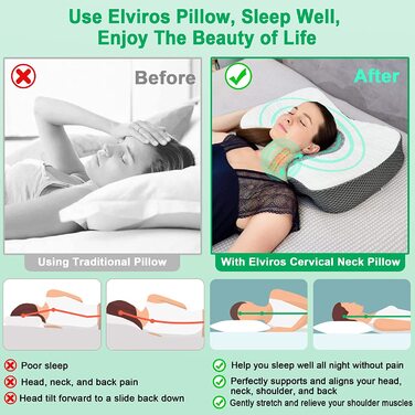 Ортопедична подушка Elviros з піни Memory Foam для шиї та плечей, ергономічна подушка проти хропіння, для сну на боці, темно-сіра 60x38,6x9,9/13,5 см