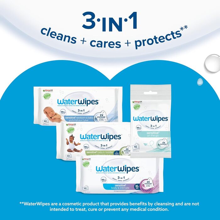 Дитячі вологі серветки WaterWipes Sensitive+ для немовлят та дітей, 99,9% води, 240 шт (12 пачок по 20 шт)