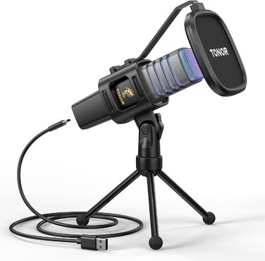 Ігровий USB-мікрофон TONOR TC30 з RGB підсвіткою для ПК, стрімінгу, подкастів, студії, конденсаторний, кардіоїдна спрямованість, з підставкою, для ігор, YouTube, конференцій, співу, сумісний з PS4, PS5