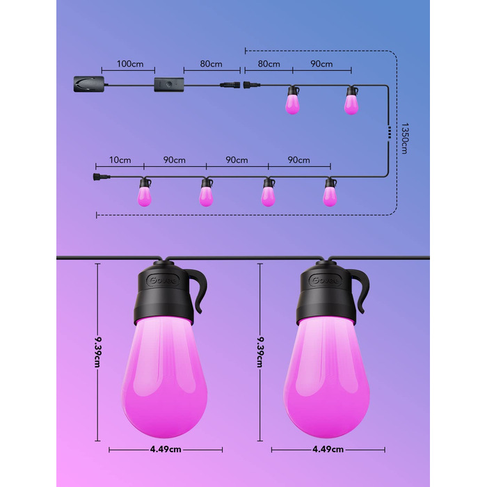 Розумний LED-гірлянда Govee для вулиці, WiFi, RGBICW, водонепроникна IP65, керування через Alexa, Google Assistant і додаток, 47 режимів, 15 ламп, 15 м