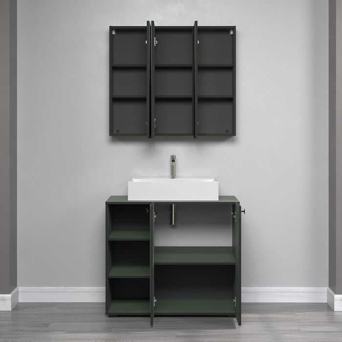 Тумба під раковину на колесах PureBliss від trendteam smart living, 80x64x42 см, зелена — з 2 відкритими полицями, стійка до подряпин, металеві ручки