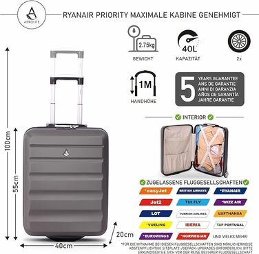 Легкий жорсткий валізний чемодан Aerolite 55x40x20 см для ручної поклажі, сірий, на 2 колесах, для Lufthansa, Eurowings, Ryanair Priority, TUI, SunExpress, Condor, кабінний тролейний кейс