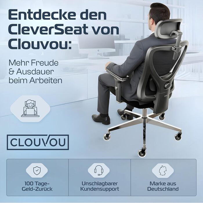 Офісний стілець CleverSeat Ergonomisch - регульований, для дому та геймінгу, до 150 кг (Чорний)