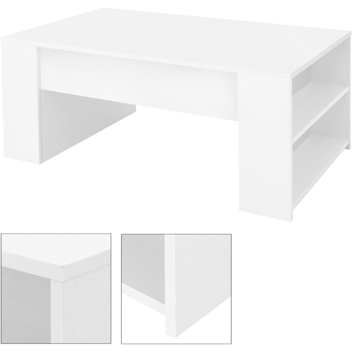 Стіл журнальний ML-Design білий 100x60x42 см, сучасний дерев'яний столик для вітальні з 2 боковими полицями, просторий кавовий стіл з місцем для зберігання