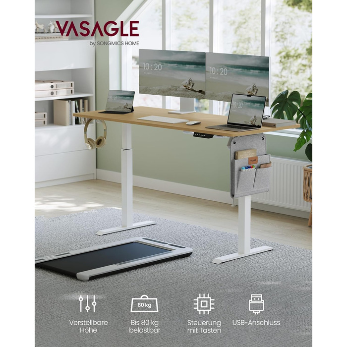 Електричний підйомний стіл VASAGLE 140x60 см, регульована висота (72-120 см), функція пам'яті на 4 рівні, білий (LSD174W01)
