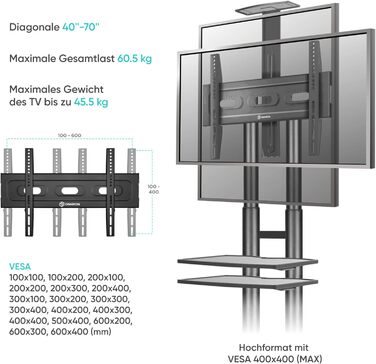 Мобільна стійка для телевізора ONKRON 40-70'' до 45,5 кг, чорна, з колесами та полицями, регульована висота, VESA 600x400