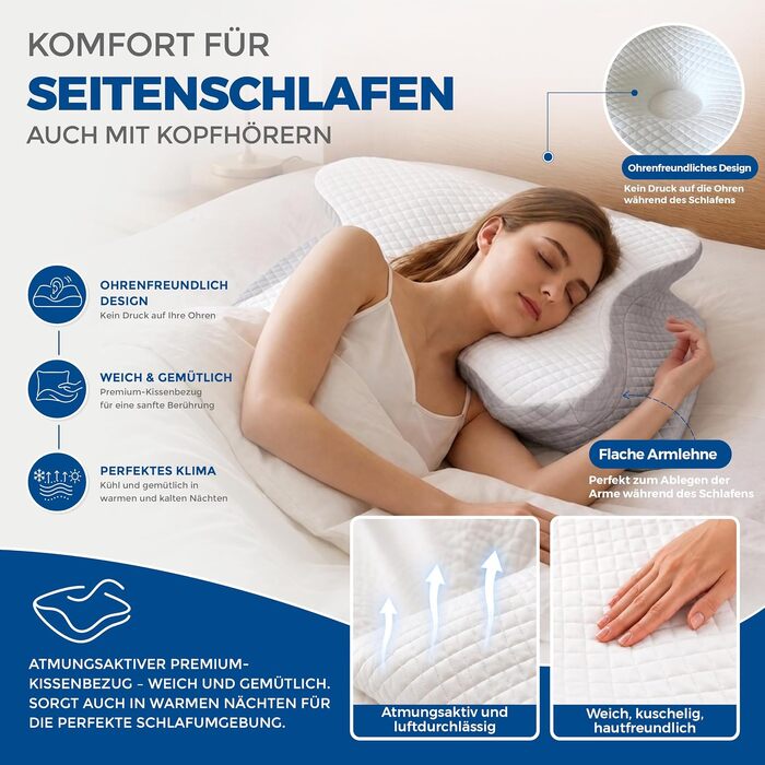 Ортопедична подушка для шиї та голови Premium з ефектом пам'яті (Memory Foam), ергономічна подушка-метелик для сну на боці та спині, змивний чохол, Graphite Grey