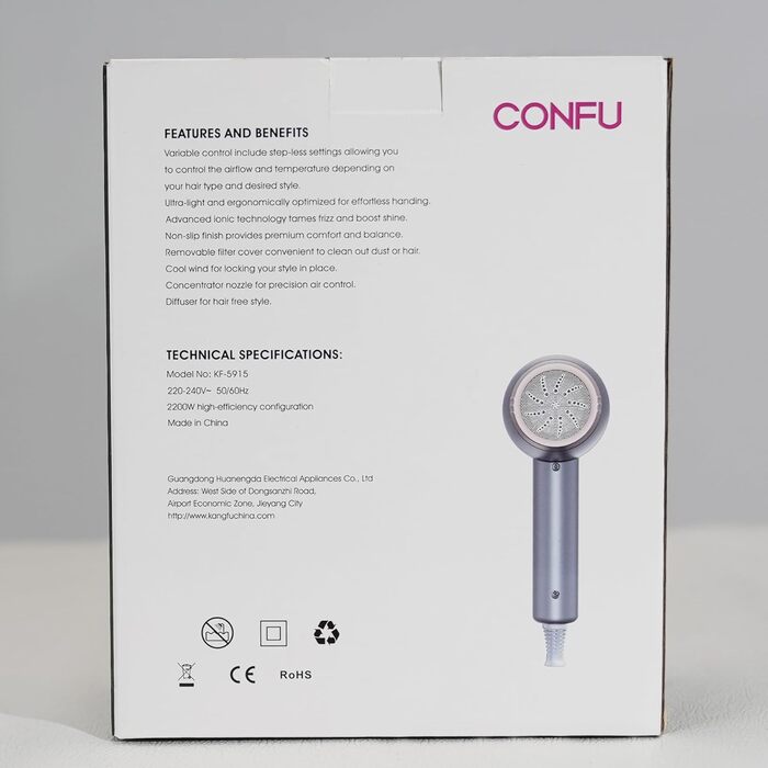 Професійний фен для волосся CONFU 2200W з дифузором, іонізацією, 3 температури, AC мотор, насадки, сірий
