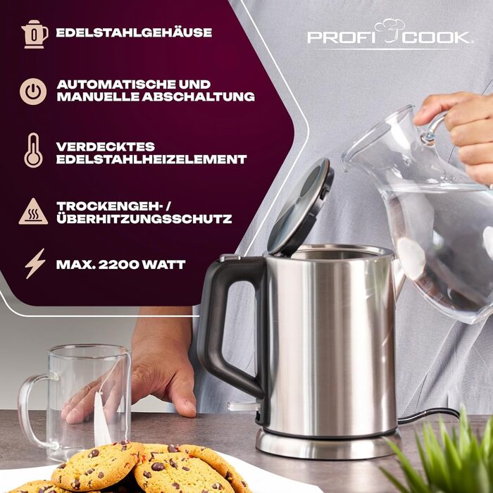 Електрочайник ProfiCook 1 л, нержавійка, 2200 Вт, компактний, BPA-free, одноручне керування, індикатор рівня води, модель PC-WKS 1106