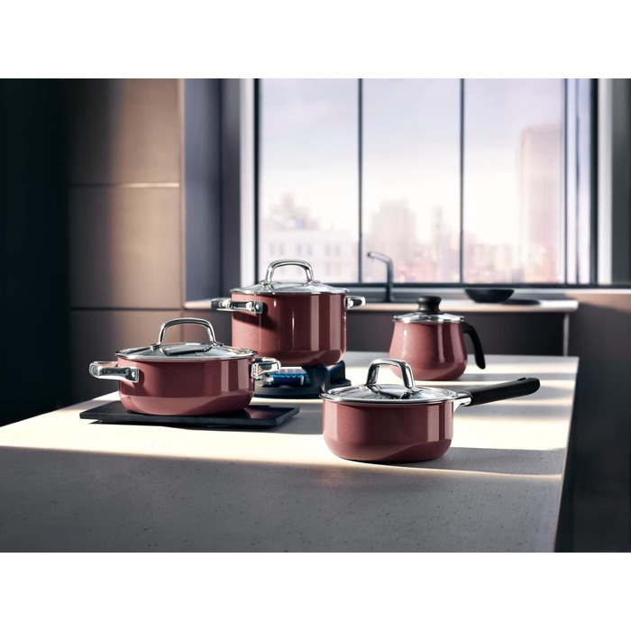 Набір каструль WMF Fusiontec Mineral 4 шт, індукційні, з кришками, кераміка, без нікелю, червоні, стійкі до подряпин