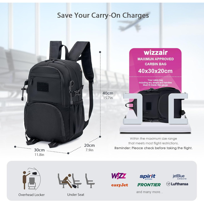 Рюкзак BAGZY 40x30x20 см для ручної поклажі Wizzair, складаний туристичний рюкзак, легкий дорожній наплічник для подорожей, кемпінгу, походів, коледжу, синій