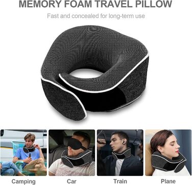 Ергономічна подушка для подорожей Collazoey з ефектом пам'яті (Memory Foam) для шиї, набір з маскою для сну, берушами та сумкою для зберігання, темно-сіра