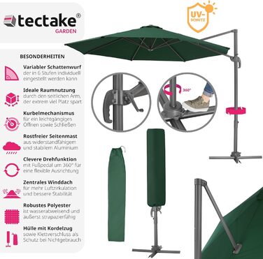 tectake® Парасолька-ампель для саду, зелена, 300 см, з чохлом, регульована висота, складна, з педаллю, ручкою, UV 50+, для тераси або балкону