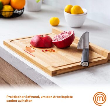 Дошка для нарізання MasterChef з бамбука, кухонна дерев'яна дошка з сокозбірником і бортиком, для м'яса, хліба, сиру, натуральна, екологічна, 38.5x26.5x2 см