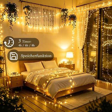 Світлодіодна гірлянда для вулиці 25м, 500 LED, теплий білий колір, IP44 вологозахищена, з пультом, таймером та 8 режимами роботи, зелений кабель для саду та тераси