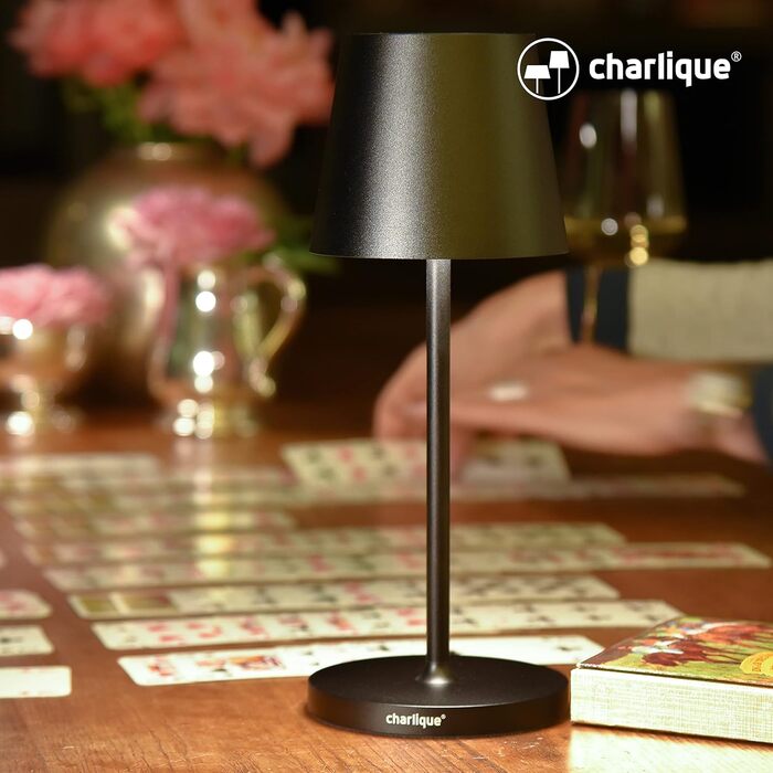 Світлодіодна акумуляторна настільна лампа charlique, міні, 28 см, чорна, USB-зарядка, тепле світло, для дому та вулиці, водостійка для балкону, тераси та саду