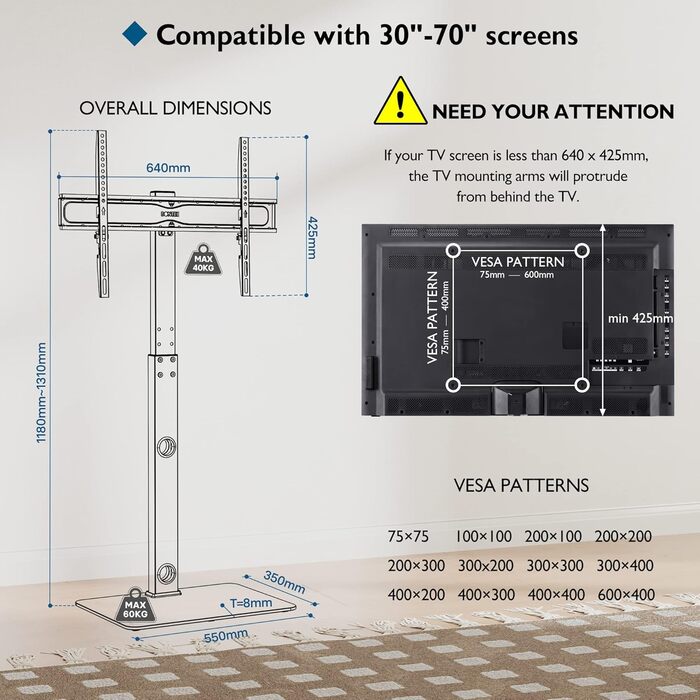 Підлогова стійка для телевізора BONTEC 30-70'' (до 40 кг), поворотна і регульована по висоті, для пласких і вигнутих екранів, VESA 600x400 мм