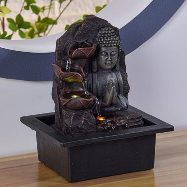Джерело Zen'Light Zimmerbrunnen з Буддою та LED-підсвіткою - Сучасна декор для медитації та релаксації, Фен-Шуй, 26 см, горіх