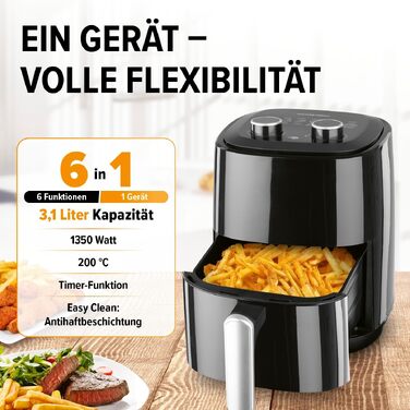 Аерофритюрниця GOURMETmaxx 3,1 л, потужність 1350 Вт, 6 функцій (включаючи розморожування та підігрів), таймер на 60 хвилин, енергоощадна безмасляна фритюрниця