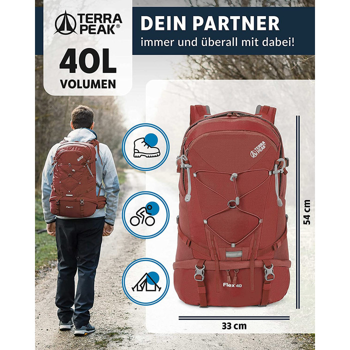 Туристичний рюкзак Terra Peak Flex 40 л, преміум, з вентиляцією спини, дощовиком і кріпленням для гідратора, 3D Air Mesh, з поясом, для трекінгу, темно-червоний