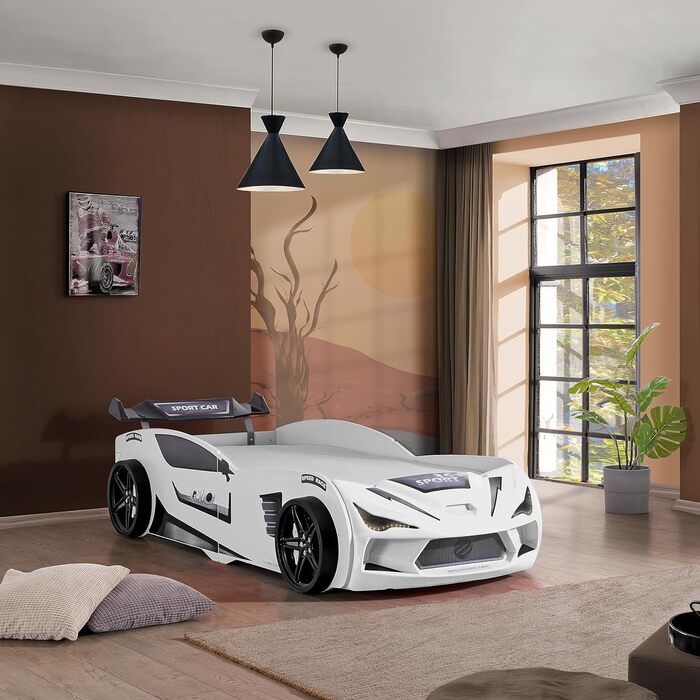 Дитяче автоліжко Aileenstore Rio 90x200, біле, з LED-підсвіткою, спойлером, спортивними сидіннями, ламелями, без матраца