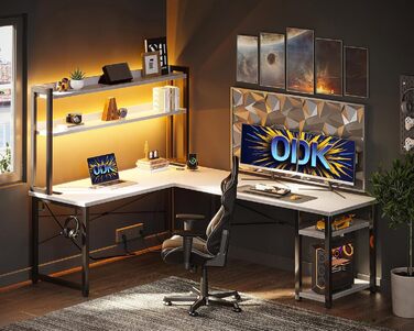 ODK Кутовий комп'ютерний стіл L-подібний з LED-підсвіткою, USB зарядкою та розеткою, білий, для геймінгу та домашнього офісу, 168×120 см