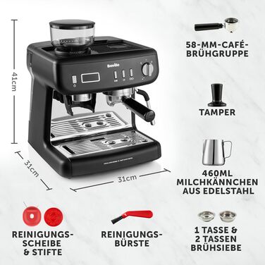 Кавомашина Breville Barista Max+ з вбудованим капучинатором та кавомолкою, срібляста (VCF185X) - еспресо, капучино, лате