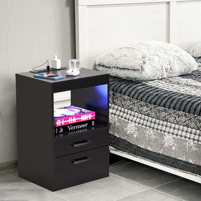 Прикроватна тумба Lvhecforhm з LED-підсвіткою, USB та розетками, чорна, з висувною шухлядою і відкритими полицями, 40x35x60 см