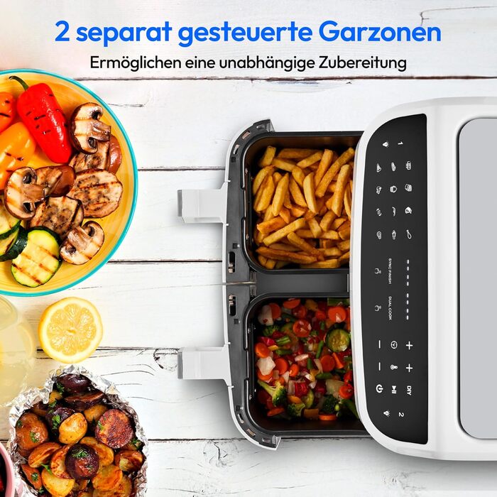 MEDION P20 XXL аерофритюрниця з двома камерами, 8,7 л, 2600 Вт, подвійна камера, 9 автоматичних програм, 2 шухляди, оглядове вікно, функція Dual Cook і Sync-Finish, біла