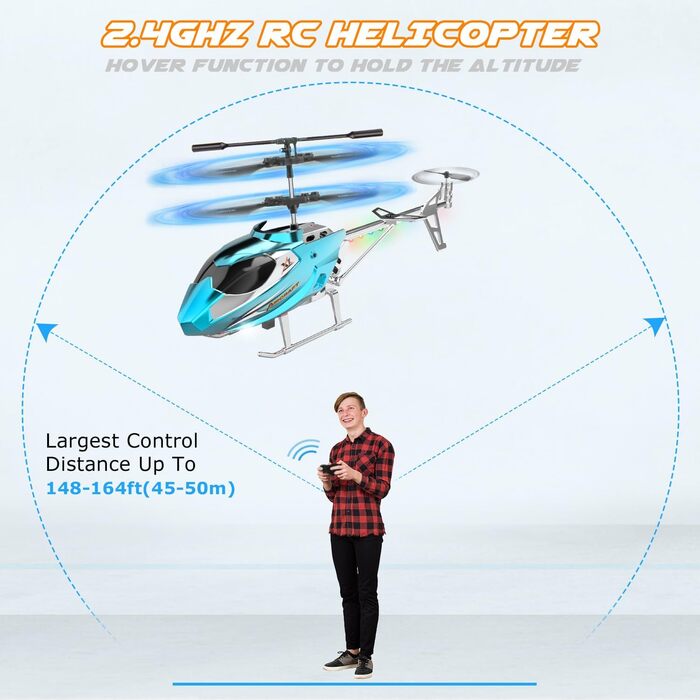 Радіокерований вертоліт Hubschrauber 2.4G з LED підсвіткою для хлопчиків та дорослих (від 12 років), 3.5 канали, гіростабілізатор, фіксована висота, автоматичний зліт, блакитний