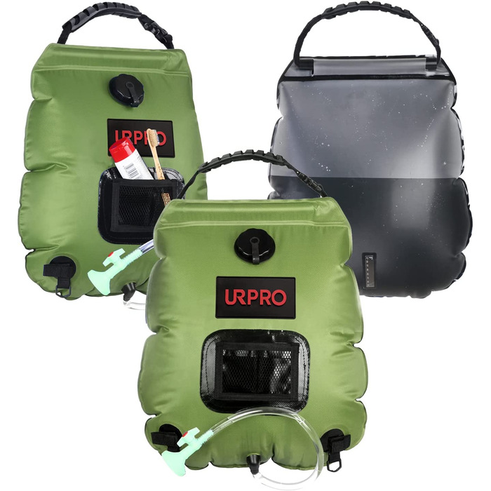 Сонячний душ URPRO 20 л, портативний, для кемпінгу, знімний шланг, нагрів води до 45°C, чорний, для туризму та літнього відпочинку