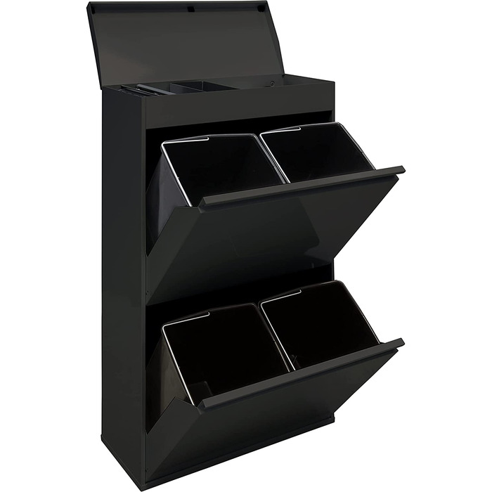 ARREGUI Top CR626-B Система сортування сміття з нержавіючої сталі з кришкою, 4-секційний кухонний смітник, знімні внутрішні відра з ручками, 4x17 л (68 л), чорний