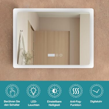Дзеркало для ванної кімнати YU YUSING з підсвічуванням 80x60 см, LED, 3 кольори світла, регулювання яскравості, антизапар, сенсорне управління, таймер, загартоване скло, IP44, прозоре