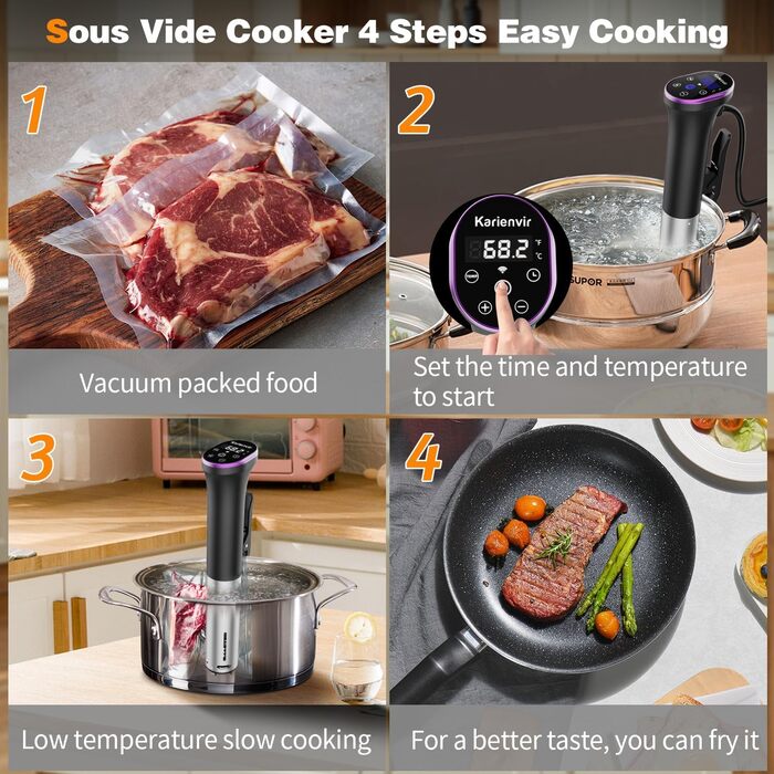 Sous Vide кухонний прилад Karienvir 1400W з LCD дисплеєм та Wi-Fi, точний занурювальний циркулятор для приготування їжі, IPX7 водонепроникний, з таймером
